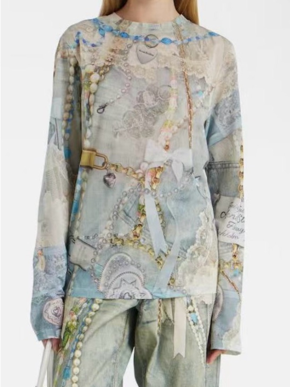 Acne Studios light blue lace-trimmed mesh top with pearl charm - Picture 2 of 7
